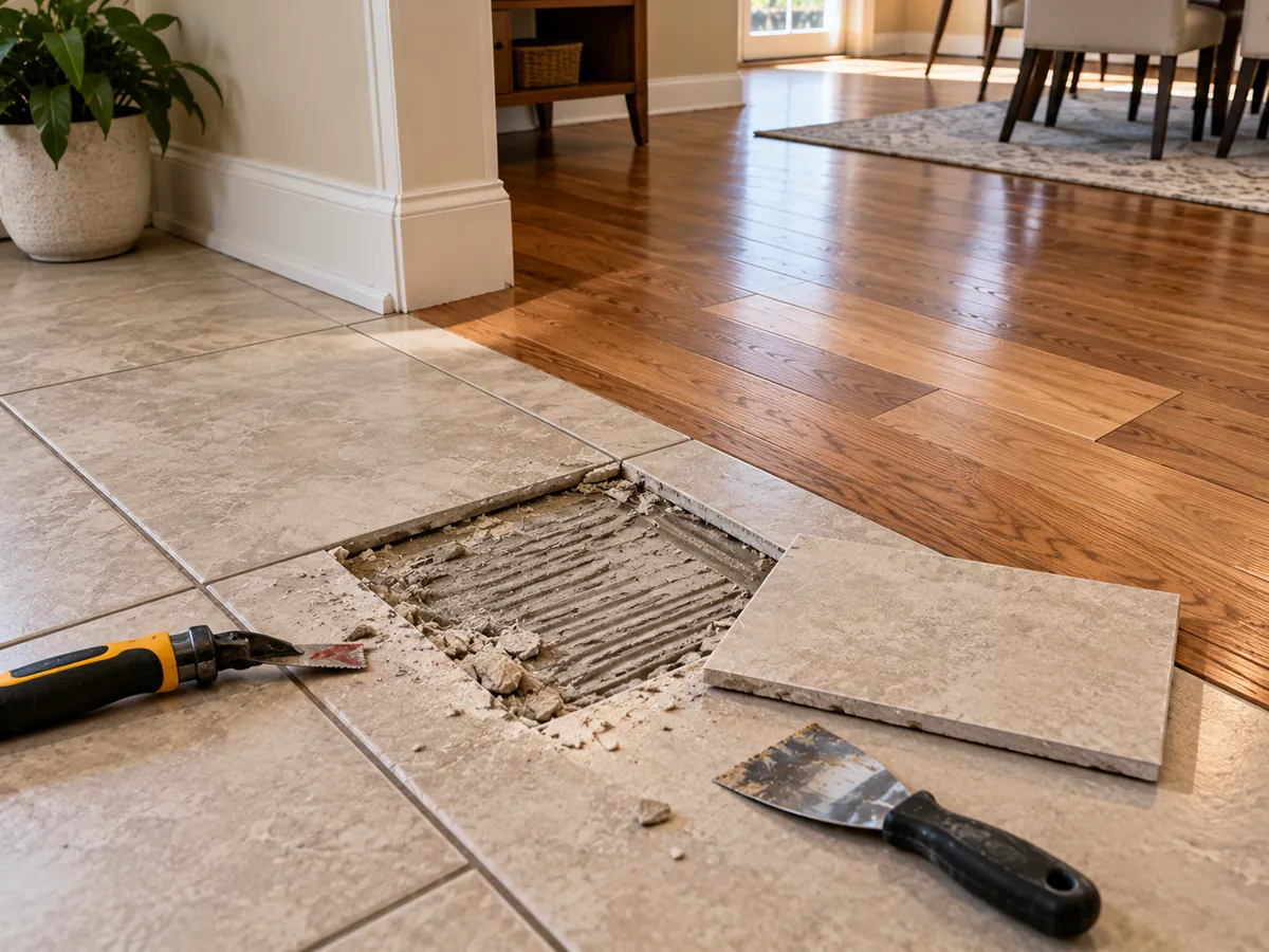 Cracked porcelain tile being replaced during a floor repair in an Arlington, TX kitchen