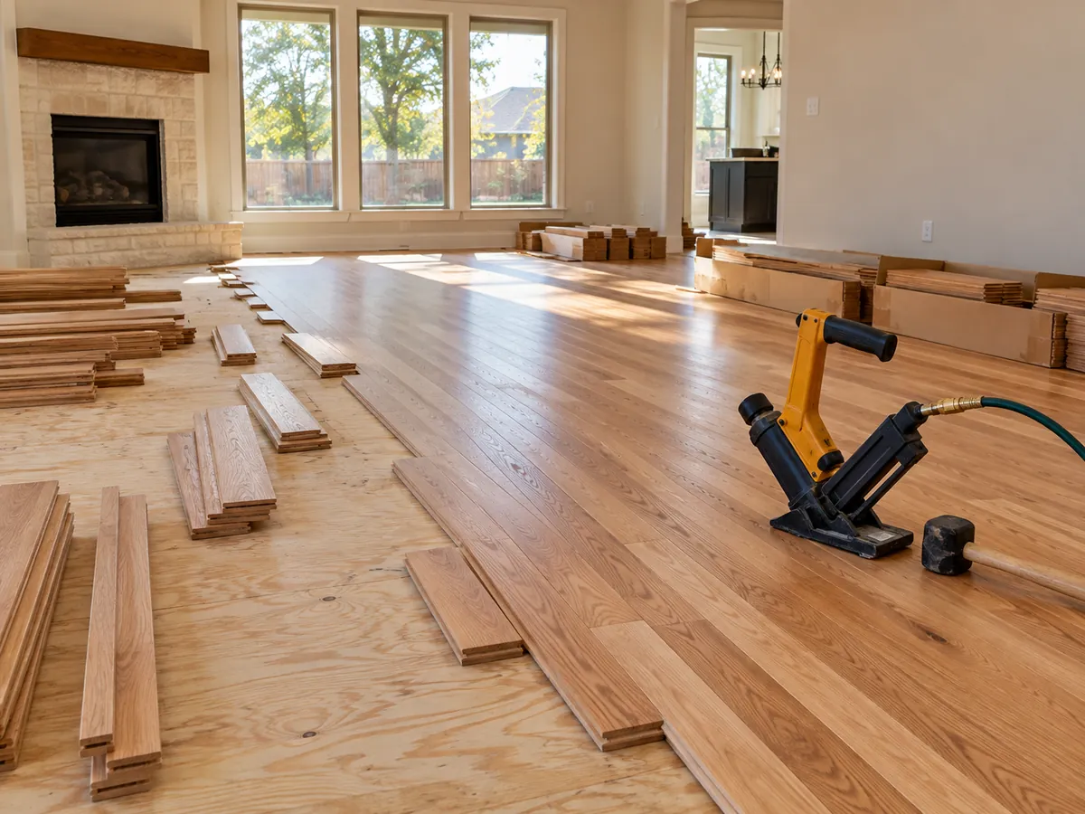Wide-plank white oak hardwood floor installed in an Arlington, TX living room