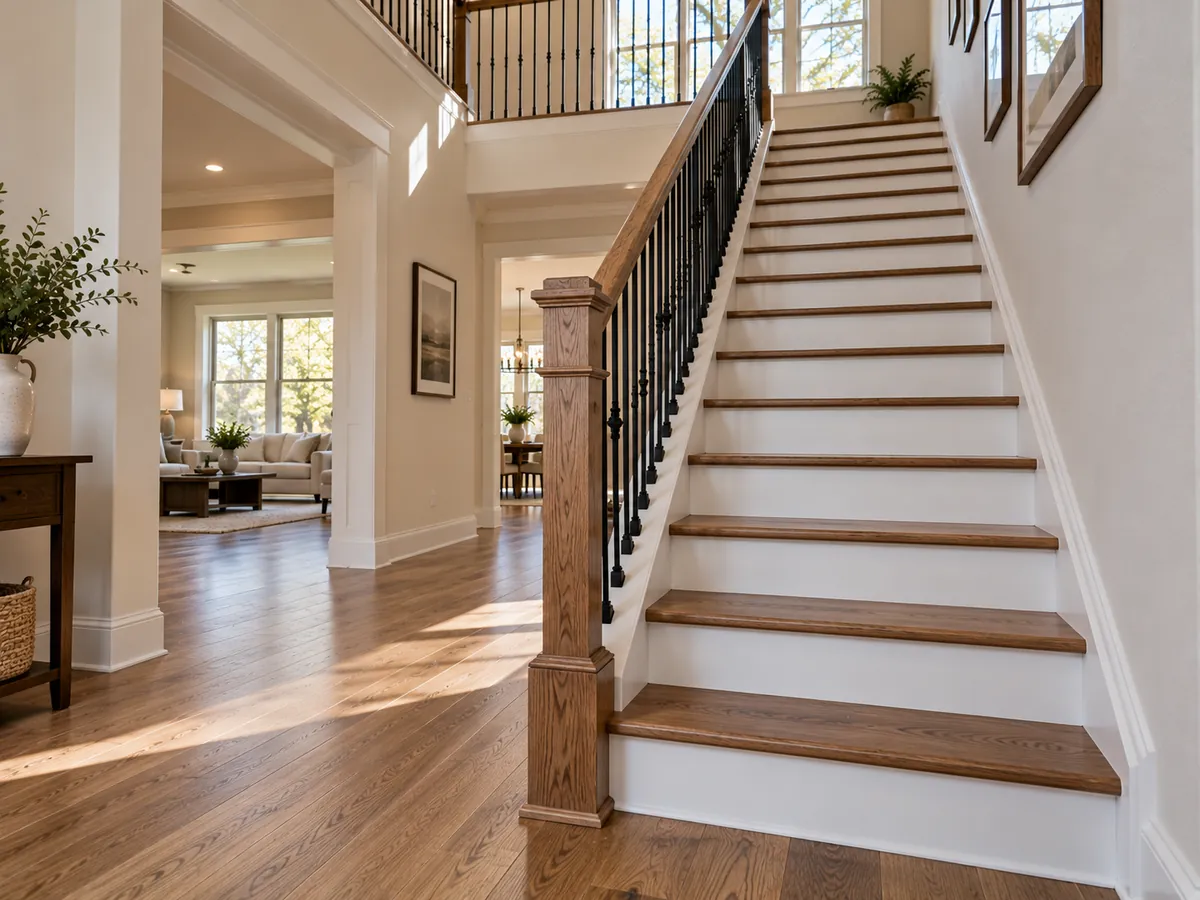 Carpeted staircase converted to oak treads and white risers in an Arlington, TX two-story home