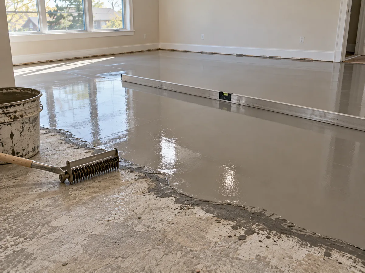 Self-leveling underlayment poured over a concrete slab during subfloor leveling in an Arlington, TX home
