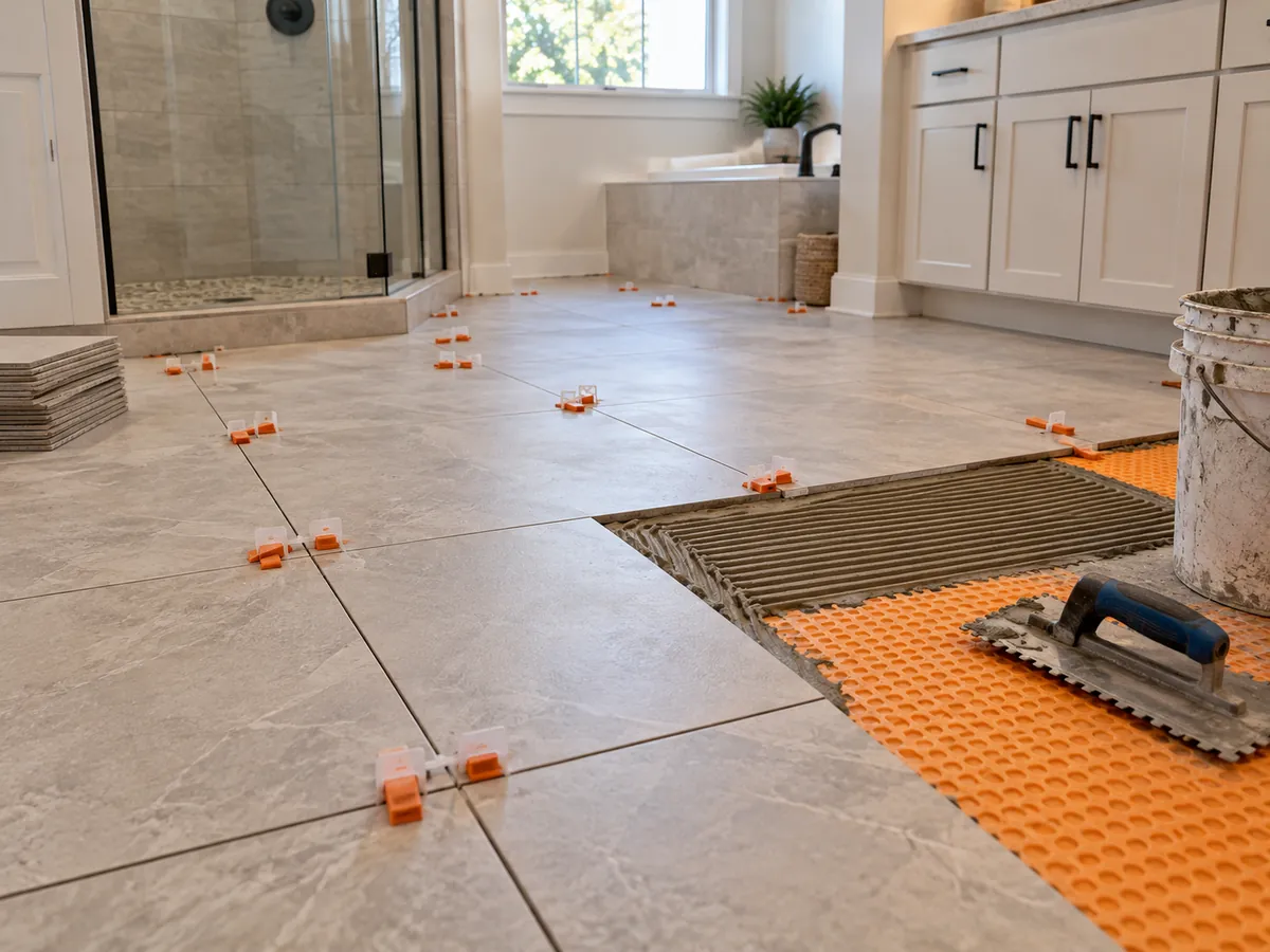 Large-format porcelain tile floor installed in an Arlington, TX kitchen